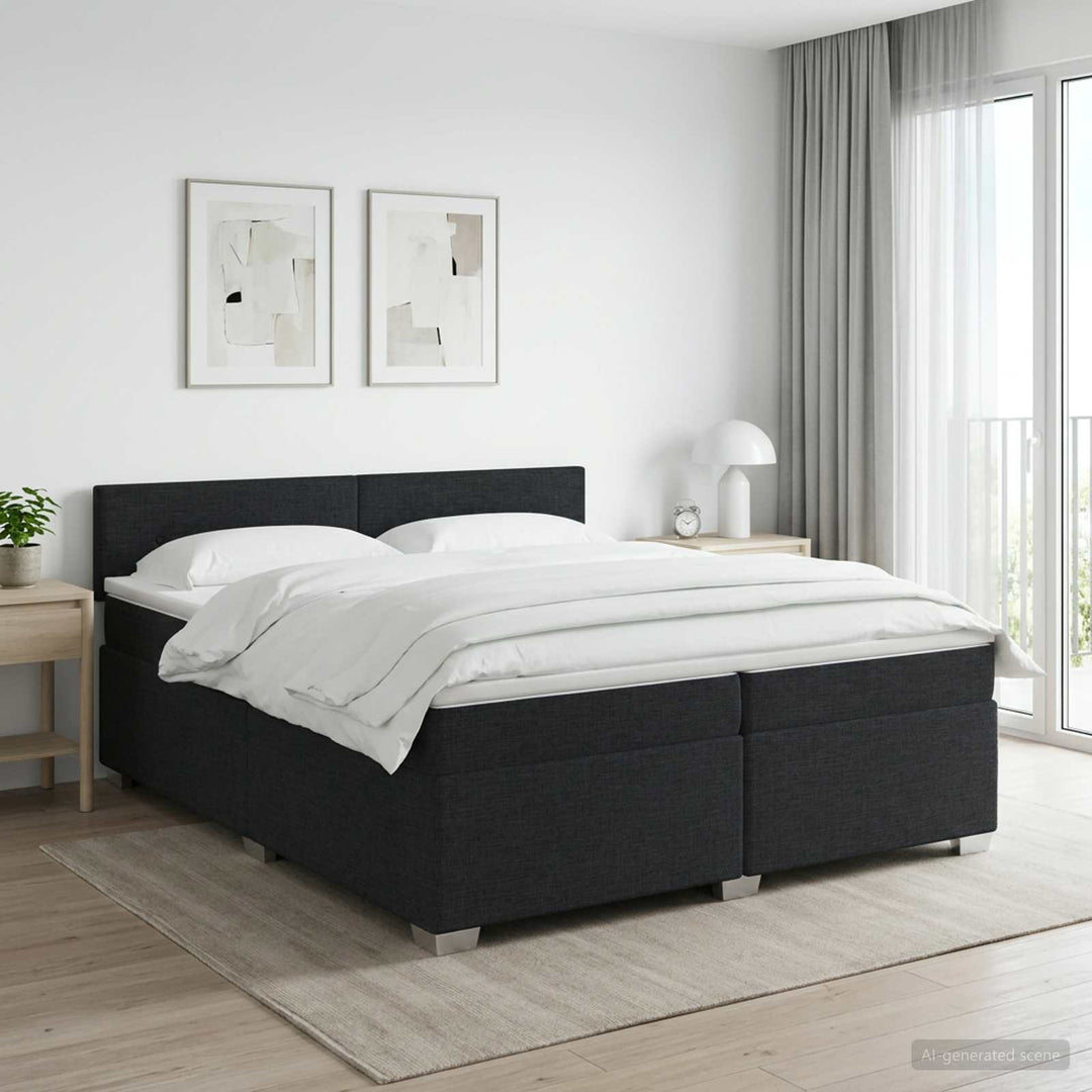 Boxmadras med topmadras med hovedgærde Sort 200 x 200 cm Stof