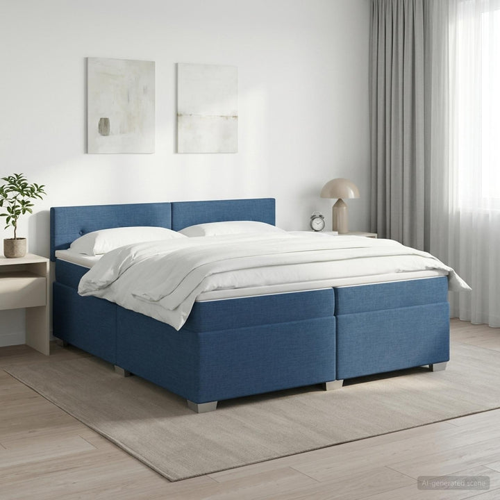 Boxmadras med topmadras med hovedgærde Blå 200 x 200 cm Stof