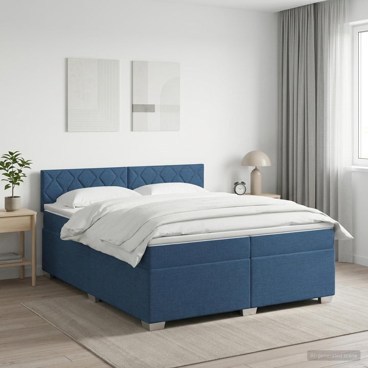 Boxmadras med topmadras med hovedgærde Blå 200 x 200 cm Stof