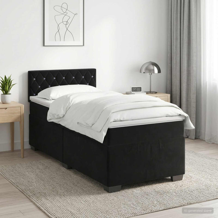 Boxmadras med topmadras med hovedgærde Sort 90 x 190 cm Fløjl