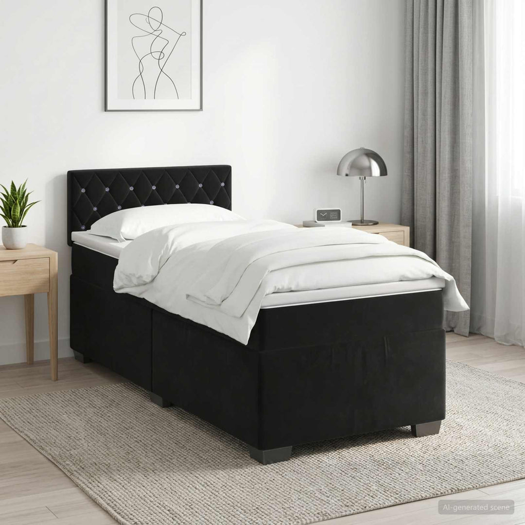 Boxmadras med topmadras med hovedgærde Sort 90 x 200 cm Fløjl