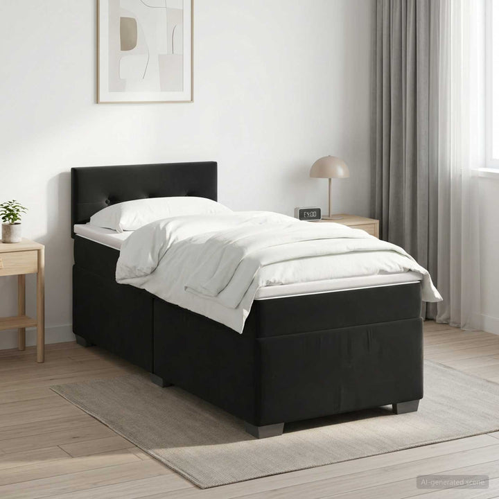Boxmadras med topmadras med hovedgærde Sort 90 x 200 cm Fløjl