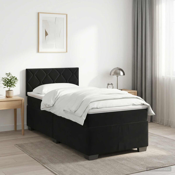 Boxmadras med topmadras med hovedgærde Sort 90 x 190 cm Fløjl