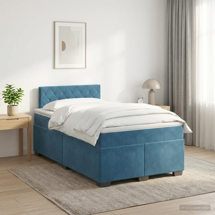 Boxmadras med topmadras med hovedgærde Blå 120 x 190 cm Fløjl