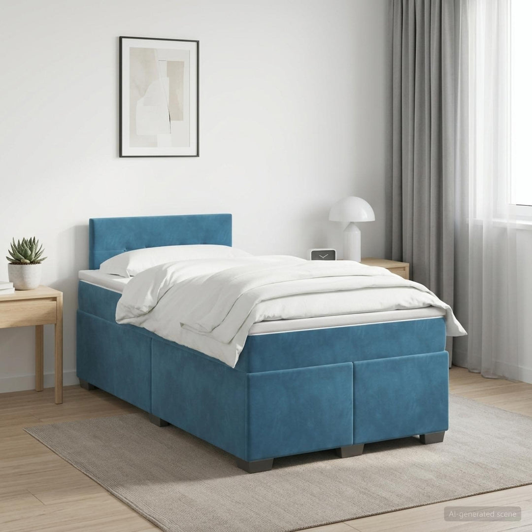 Boxmadras med topmadras med hovedgærde Blå 120 x 190 cm Fløjl