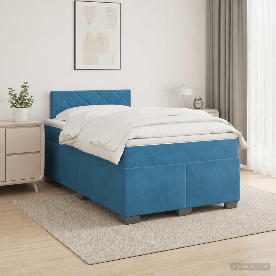Boxmadras med topmadras med hovedgærde Blå 120 x 190 cm Fløjl