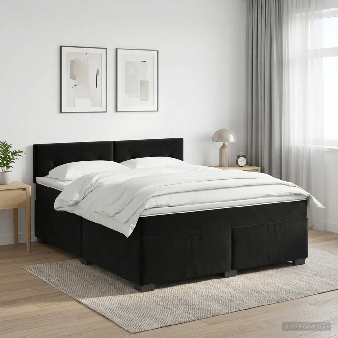 Boxmadras med topmadras med hovedgærde Sort 180 x 200 cm Fløjl
