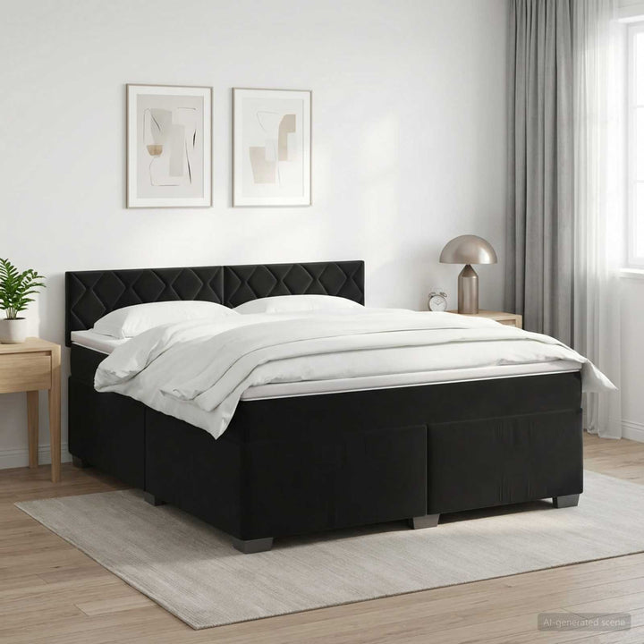 Boxmadras med topmadras med hovedgærde Sort 180 x 200 cm Fløjl