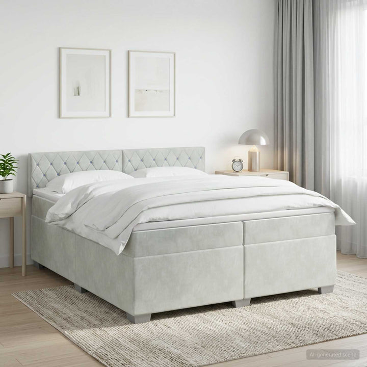 Boxmadras med topmadras Lysegrå 200 x 200 cm Fløjl