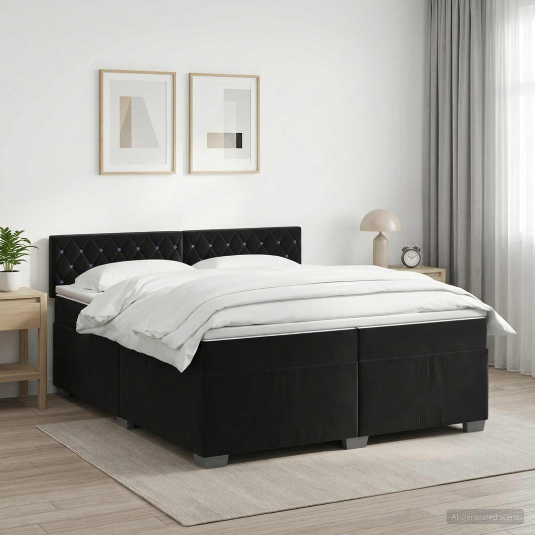 Boxmadras med topmadras med hovedgærde Sort 200 x 200 cm Fløjl