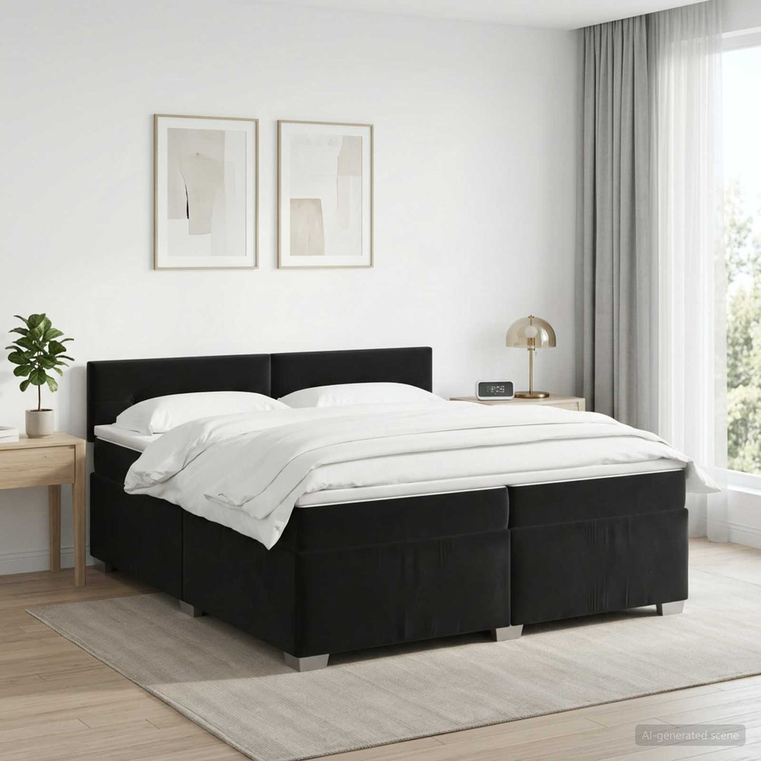Boxmadras med topmadras med hovedgærde Sort 200 x 200 cm Fløjl