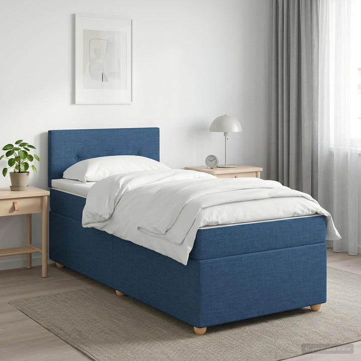 Boxmadras med topmadras med hovedgærde Blå 90 x 190 cm Stof