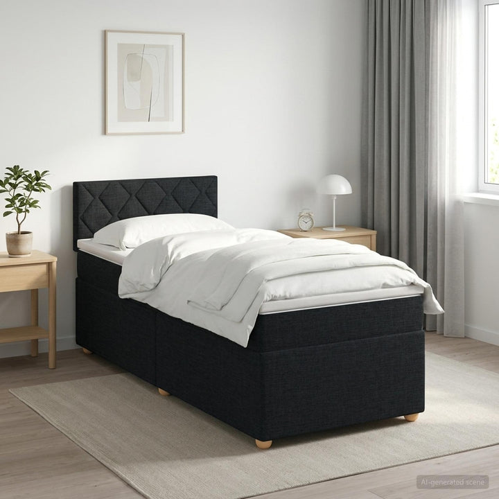 Boxmadras med topmadras med hovedgærde Sort 90 x 200 cm Stof