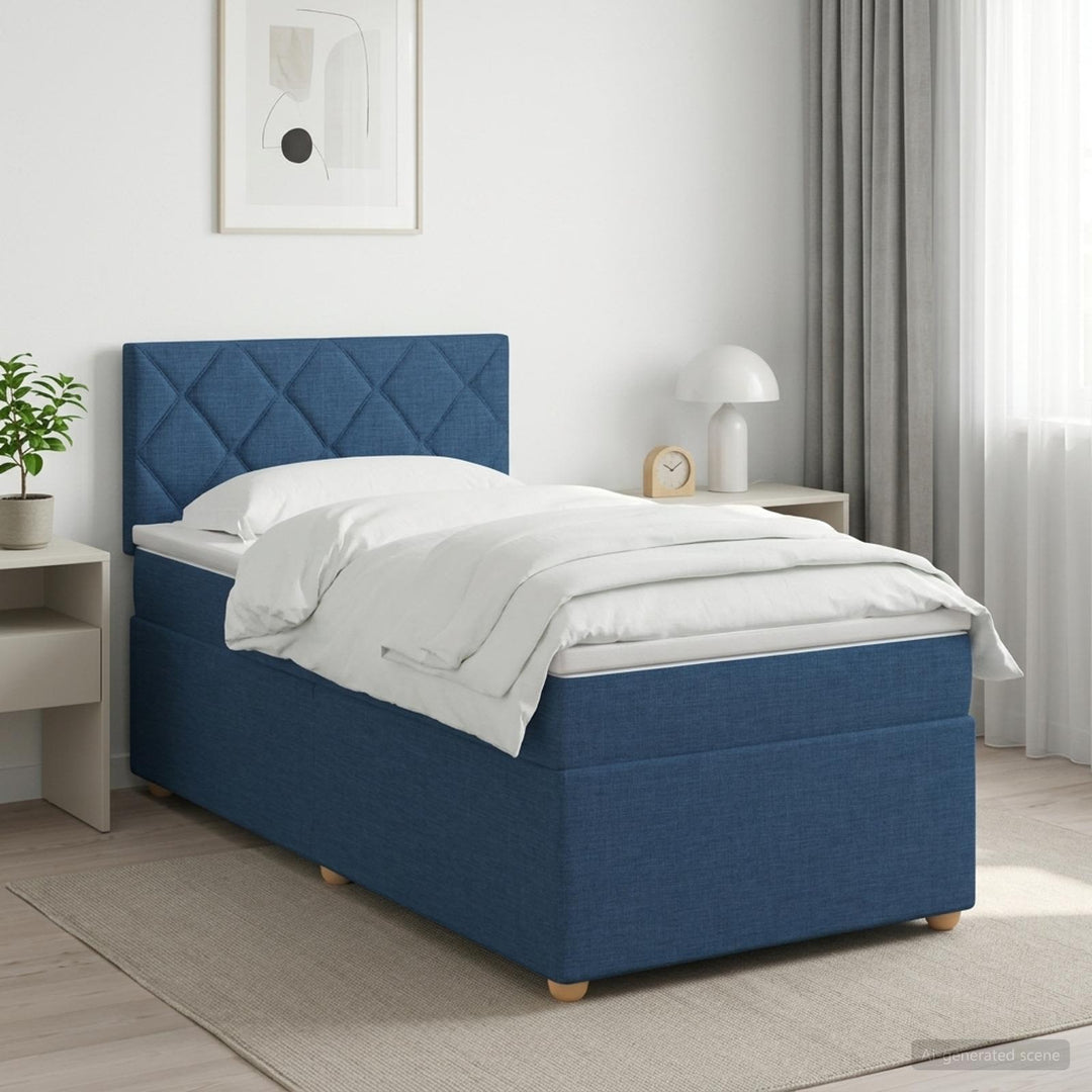 Boxmadras med topmadras med hovedgærde Blå 90 x 190 cm Stof