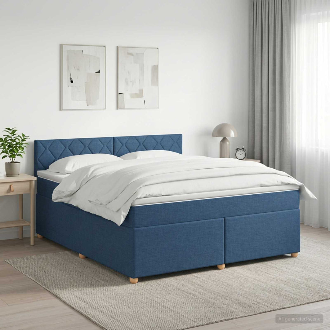 Boxmadras med topmadras med hovedgærde Blå 180 x 200 cm Stof
