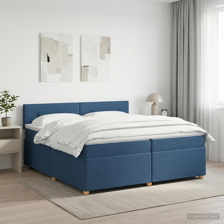 Boxmadras med topmadras med hovedgærde Blå 200 x 200 cm Stof