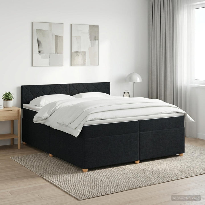 Boxmadras med topmadras med hovedgærde Sort 200 x 200 cm Stof