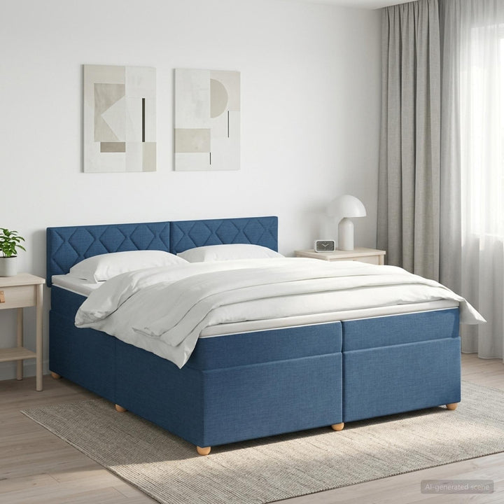 Boxmadras med topmadras med hovedgærde Blå 200 x 200 cm Stof