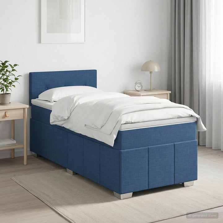 Boxmadras med topmadras med hovedgærde Blå 90 x 200 cm Stof