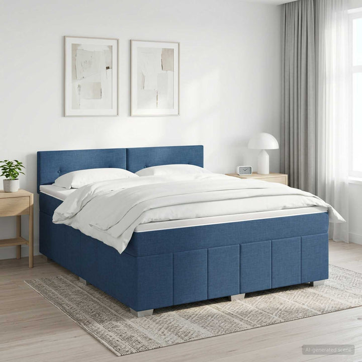 Boxmadras med topmadras med hovedgærde Blå 160 x 200 cm Stof