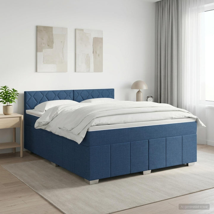 Boxmadras med topmadras med hovedgærde Blå 160 x 200 cm Stof