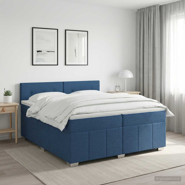 Boxmadras med topmadras med hovedgærde Blå 200 x 200 cm Stof