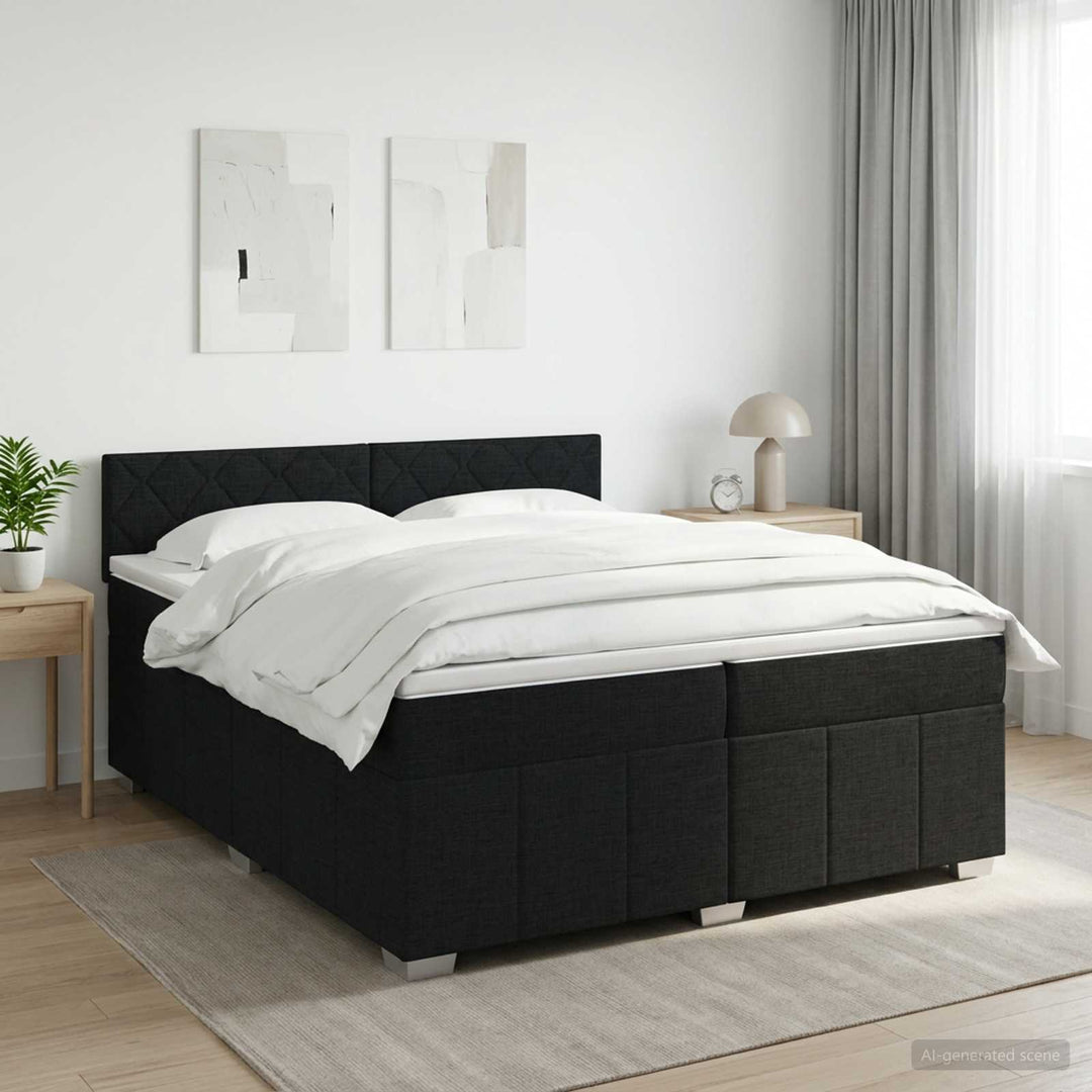 Boxmadras med topmadras med hovedgærde Sort 200 x 200 cm Stof