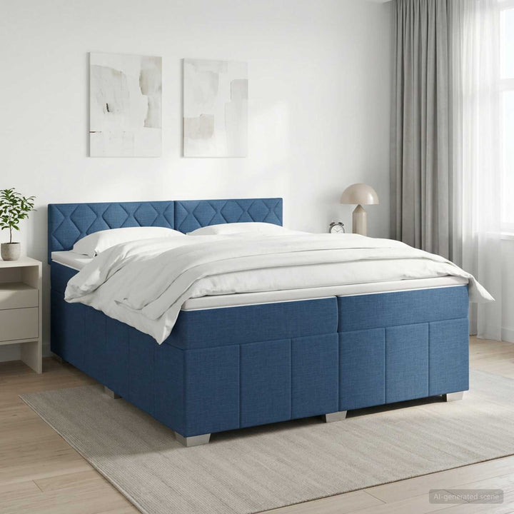 Boxmadras med topmadras med hovedgærde Blå 200 x 200 cm Stof