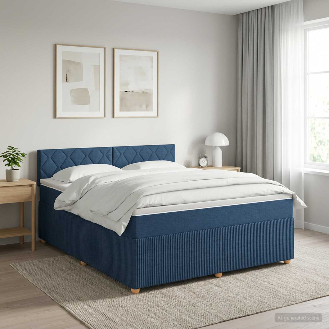 Boxmadras med topmadras med hovedgærde Blå 160 x 200 cm Stof