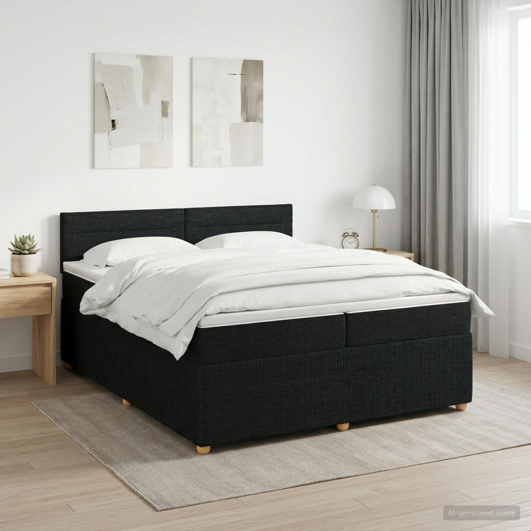 Boxmadras med topmadras med hovedgærde Sort 200 x 200 cm Stof