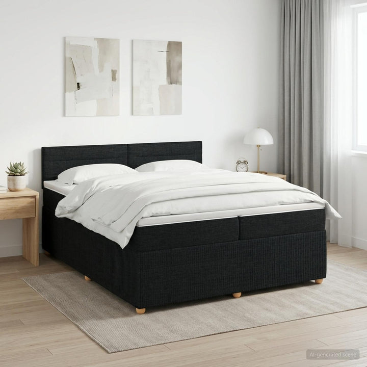 Boxmadras med topmadras med hovedgærde Sort 200 x 200 cm Stof