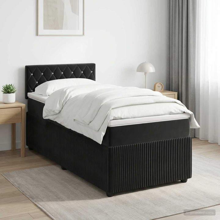 Boxmadras med topmadras med hovedgærde Sort 90 x 200 cm Fløjl