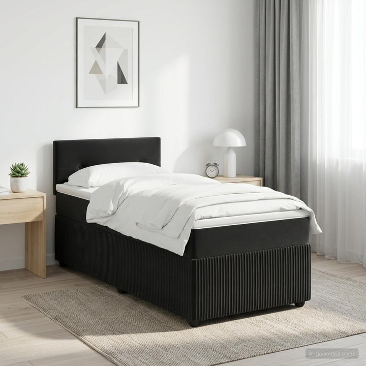 Boxmadras med topmadras med hovedgærde Sort 90 x 190 cm Fløjl