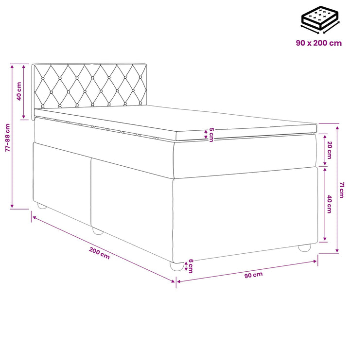 Boxmadras med topmadras Lysegrå 90 x 200 cm Fløjl