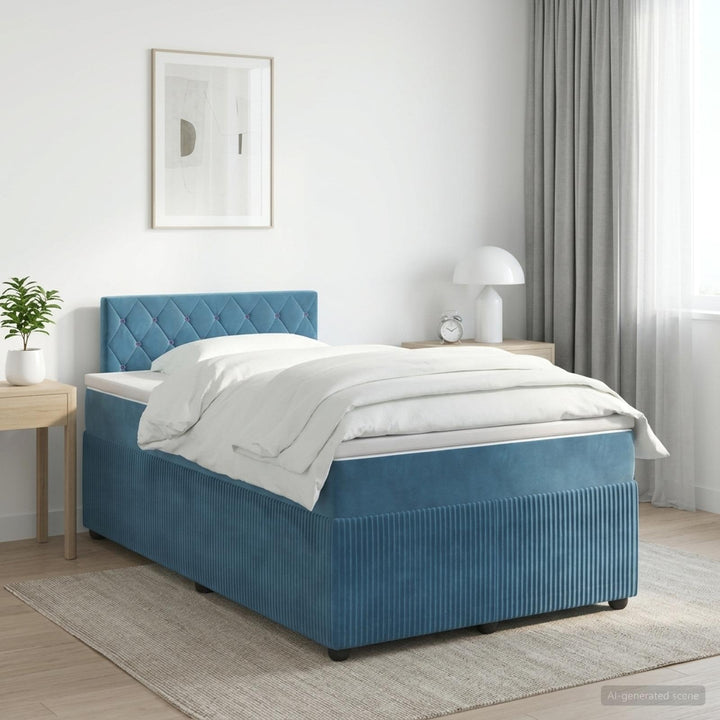 Boxmadras med topmadras med hovedgærde Blå 120 x 190 cm Fløjl