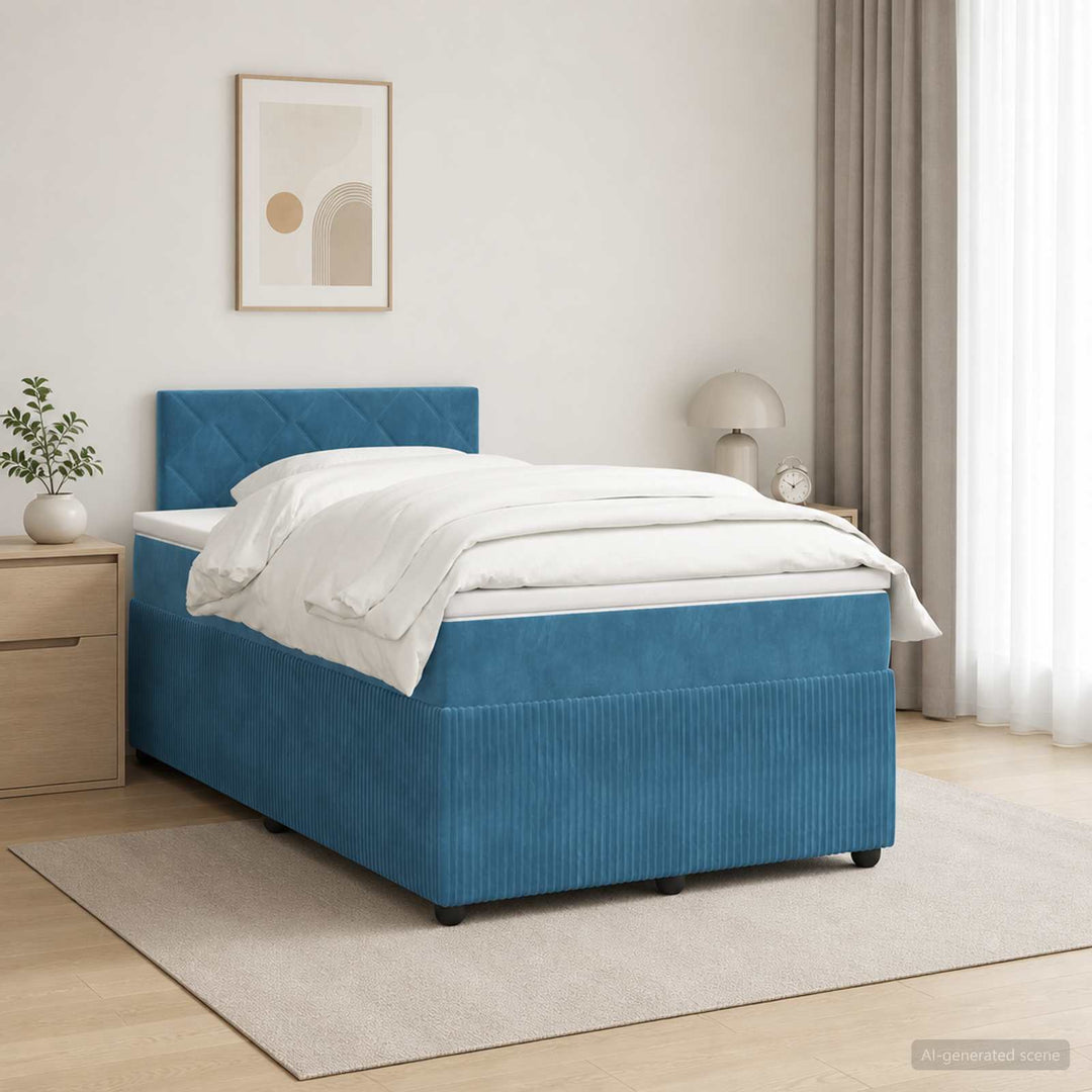 Boxmadras med topmadras med hovedgærde Blå 120 x 190 cm Fløjl