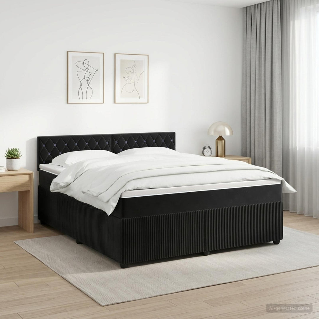 Boxmadras med topmadras med hovedgærde Sort 140 x 190 cm Fløjl