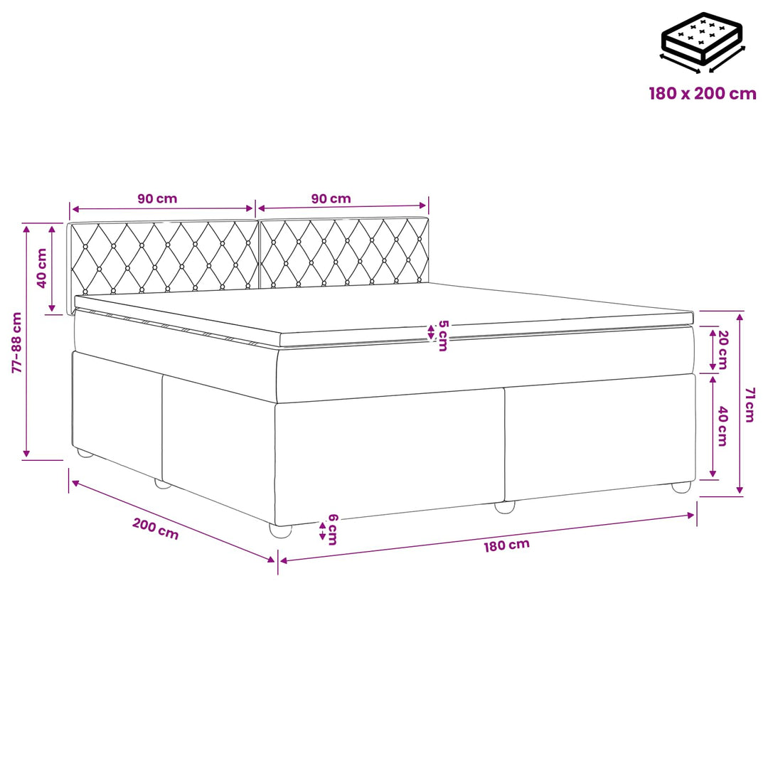 Boxmadras med topmadras med hovedgærde Sort 180 x 200 cm Fløjl