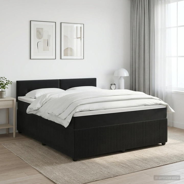 Boxmadras med topmadras med hovedgærde Sort 140 x 200 cm Fløjl