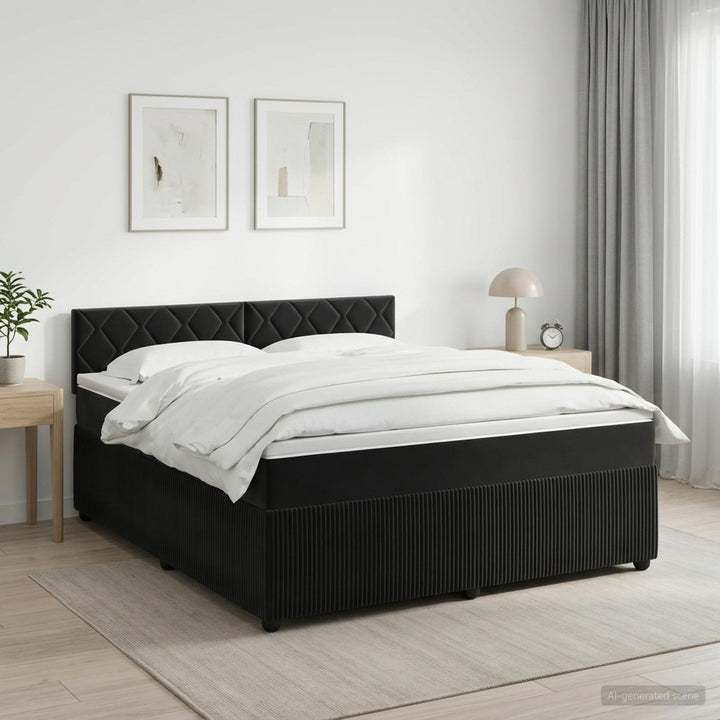 Boxmadras med topmadras med hovedgærde Sort 180 x 200 cm Fløjl