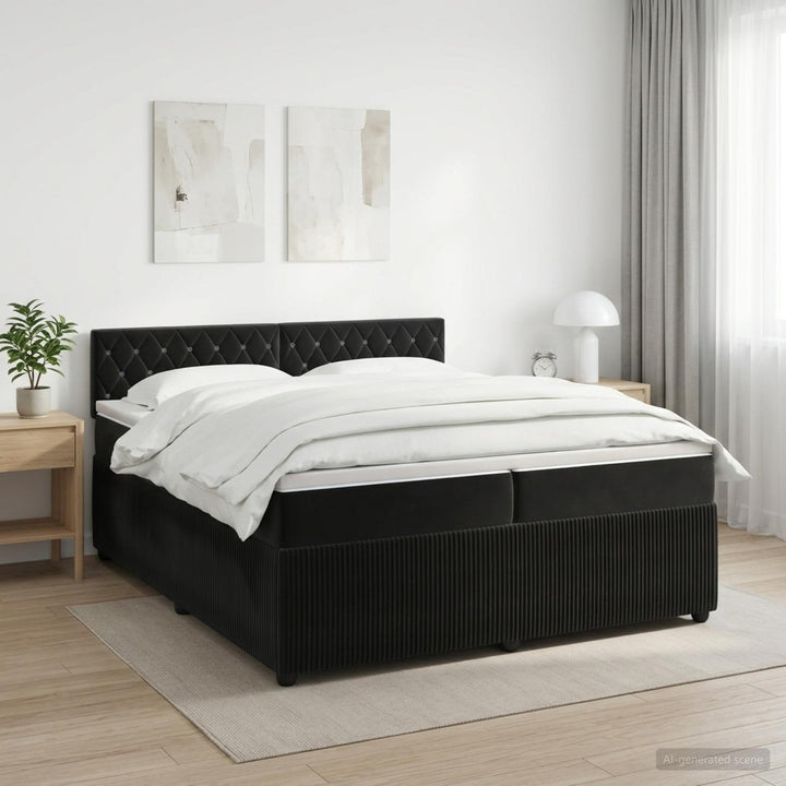Boxmadras med topmadras med hovedgærde Sort 200 x 200 cm Fløjl