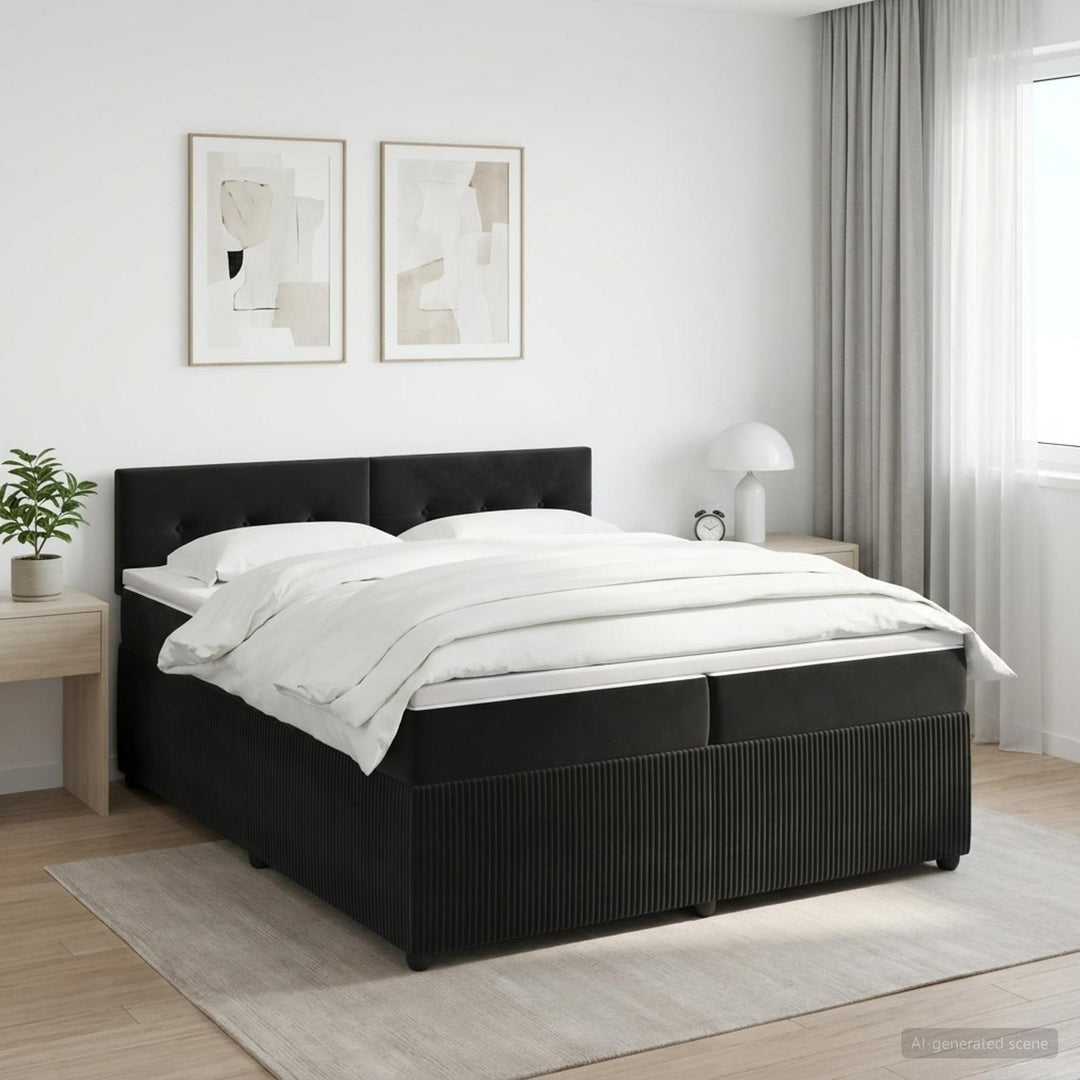 Boxmadras med topmadras med hovedgærde Sort 200 x 200 cm Fløjl
