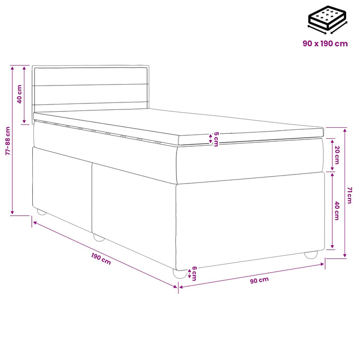 Boxmadras med topmadras Mørkegrå 90 x 190 cm Stof