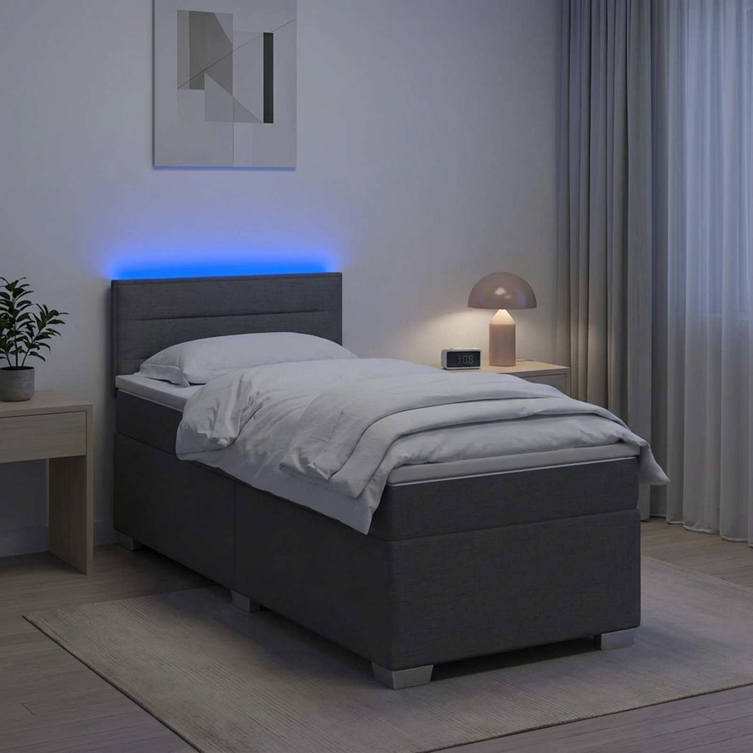 Box Spring Seng med Madras og LED Mørkegrå 90 x 200 cm Stof