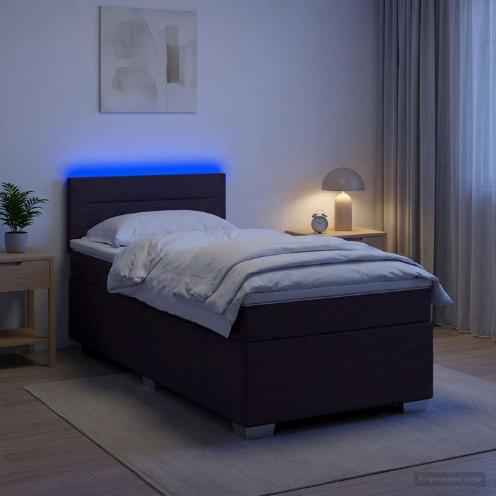 Box Spring Seng med Madras og LED Mørk Brun 90 x 200 cm Stof