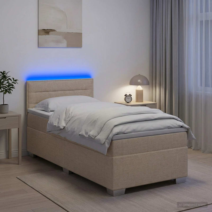 Box Spring Seng med Madras og LED Cremefarvet 100 x 200 cm Stof