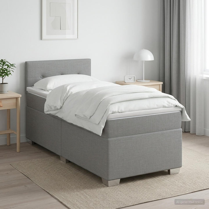 Box Spring Seng med Madras og LED Lysegrå Enkelt Stof