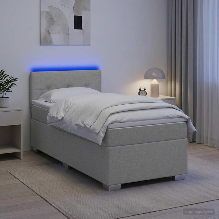 Box Spring Seng med Madras og LED Lysegrå 90 x 200 cm Stof