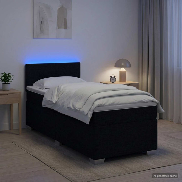 Box Spring Seng med Madras og LED Sort 90 x 200 cm Stof