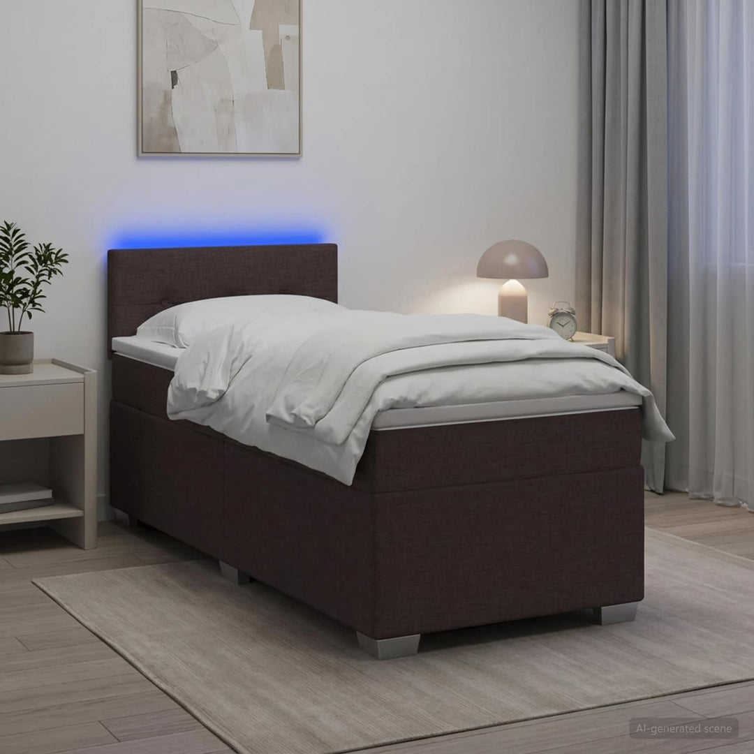 Box Spring Seng med Madras og LED Mørk Brun 90 x 200 cm Stof